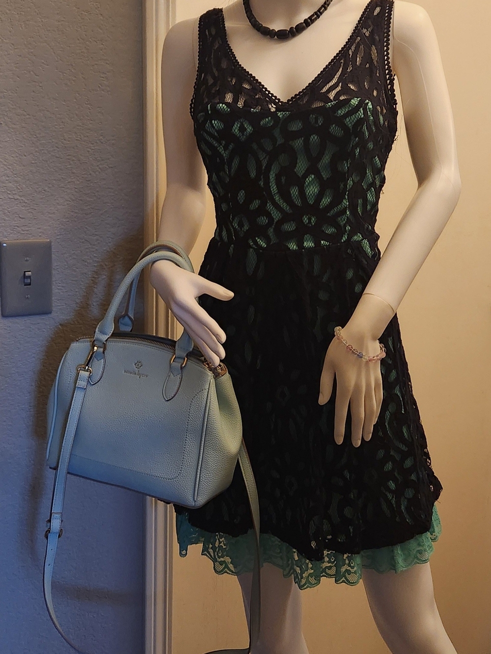 Black Lace Overlay Green Slip V-Neck Dress